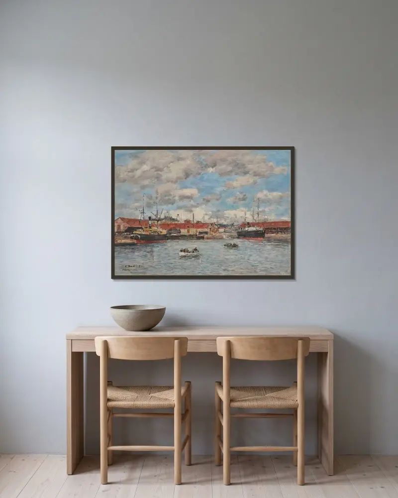 Le Havre, dockbassängen av Eugène Boudin inramad på en vägg