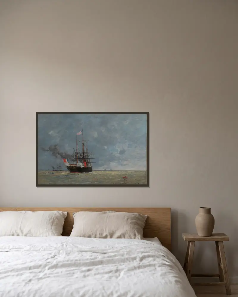 Le Havre, fartyg till havs av Eugène Boudin inramad på en vägg