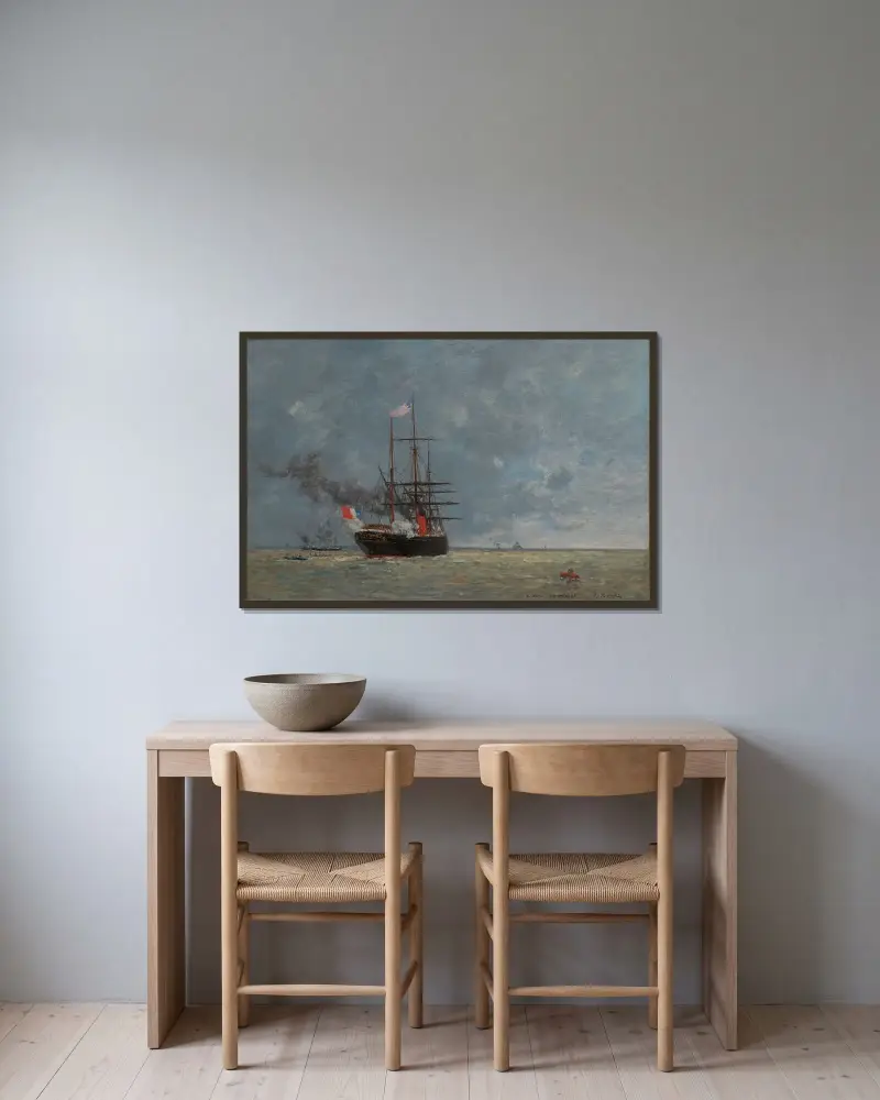 Le Havre, fartyg till havs av Eugène Boudin inramad på en vägg