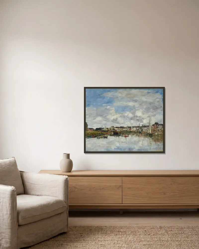 Hamnen i Trouville av Eugène Boudin inramad på en vägg