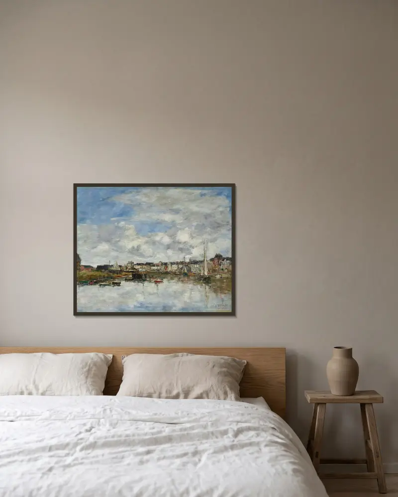 Hamnen i Trouville av Eugène Boudin inramad på en vägg