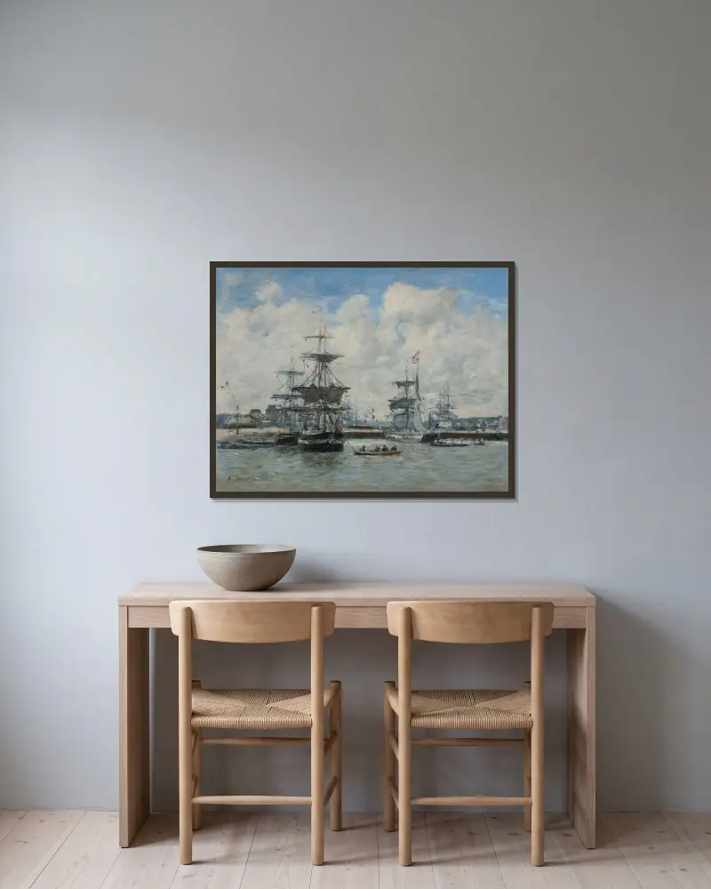 Hamnen i Trouville av Eugène Boudin inramad på en vägg