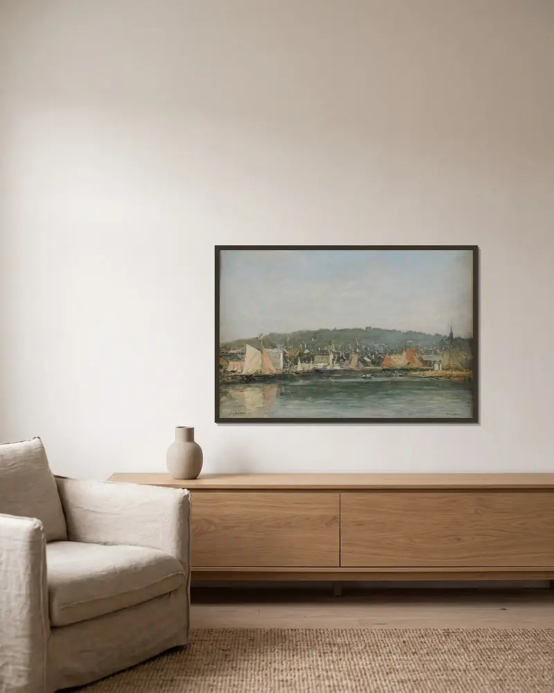 Hamnen i Trouville på morgonen av Eugène Boudin inramad på en vägg