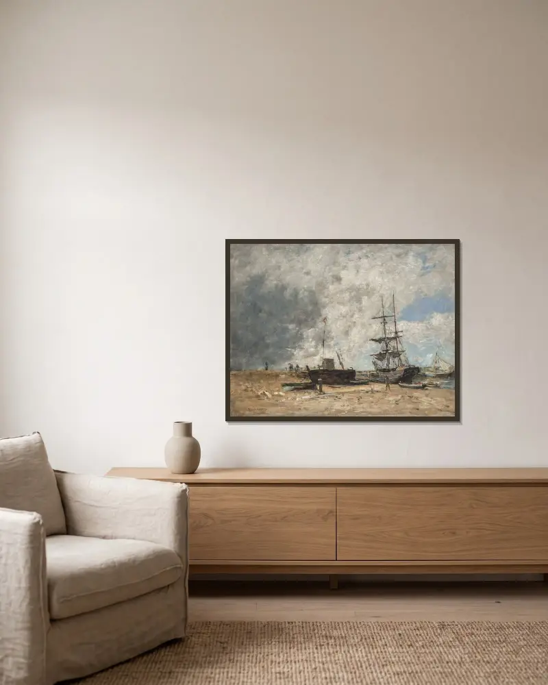 Stranden vid Trouville, lågvatten av Eugène Boudin inramad på en vägg