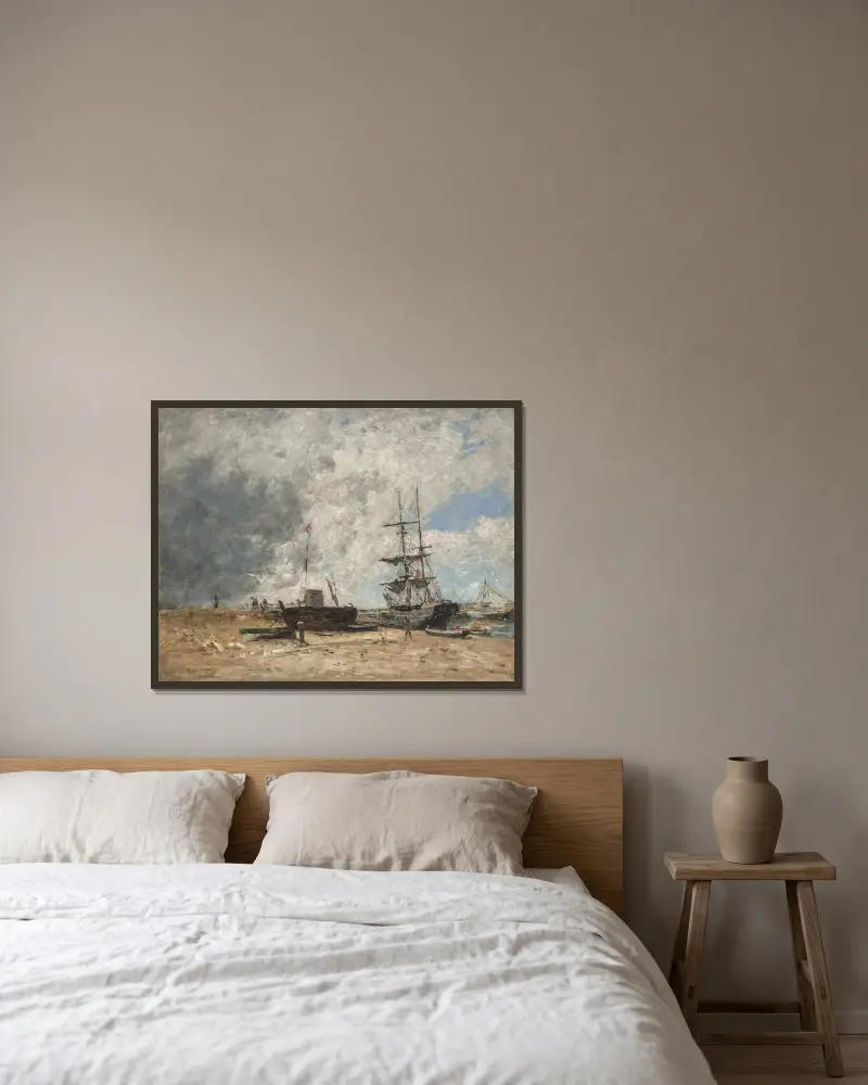 Stranden vid Trouville, lågvatten av Eugène Boudin inramad på en vägg