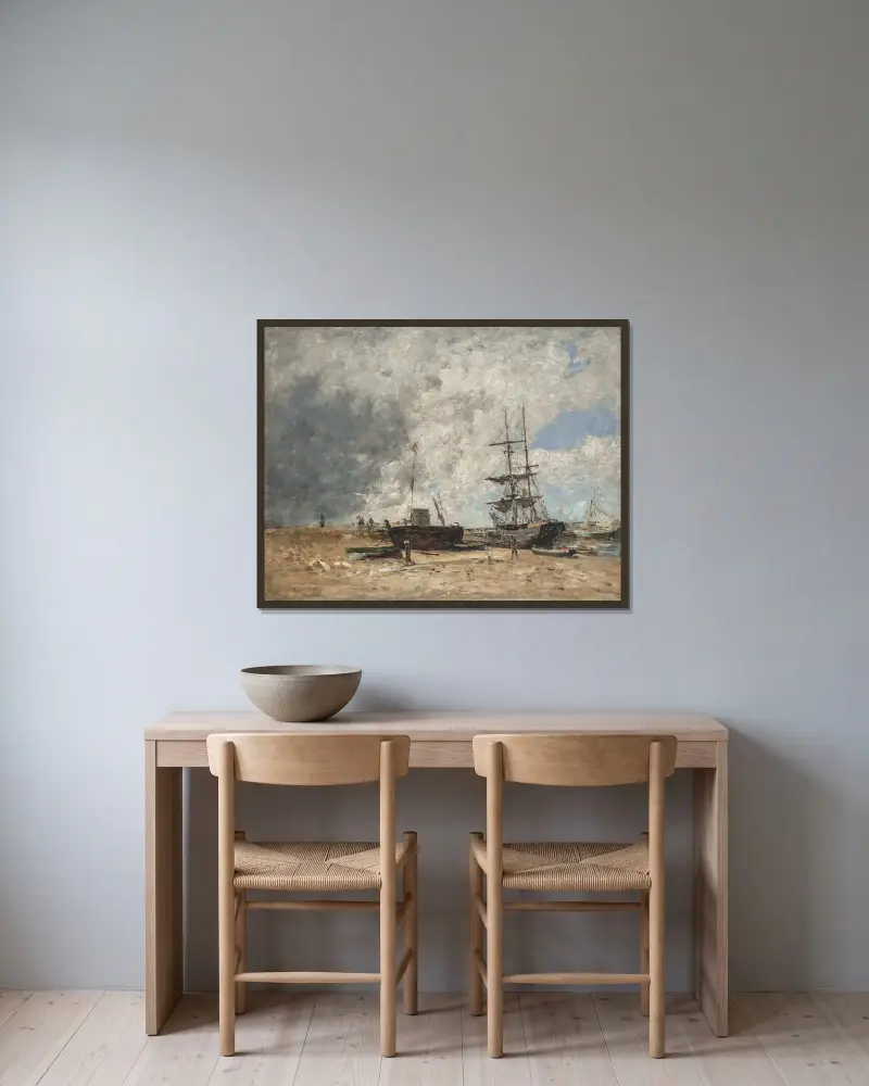Stranden vid Trouville, lågvatten av Eugène Boudin inramad på en vägg