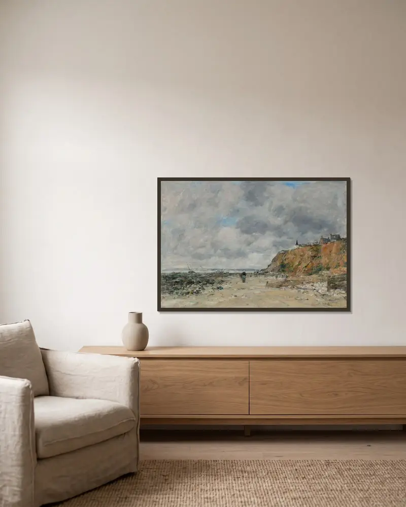 Villervilles strand, lågvatten av Eugène Boudin inramad på en vägg