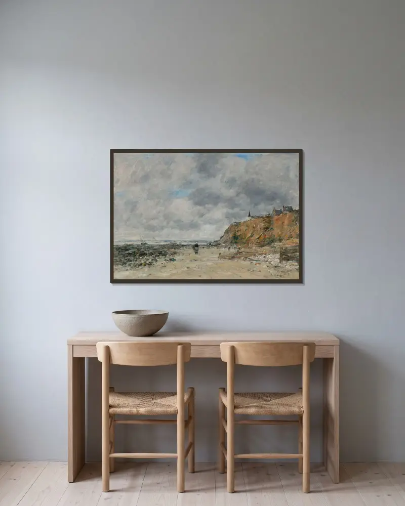 Villervilles strand, lågvatten av Eugène Boudin inramad på en vägg