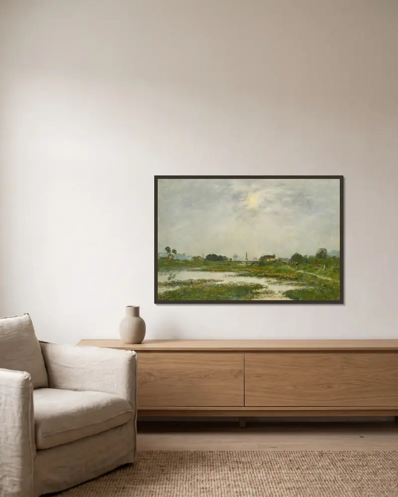 Die Ufer der Touques bei Springflut von Eugène Boudin gerahmt an einer Wand