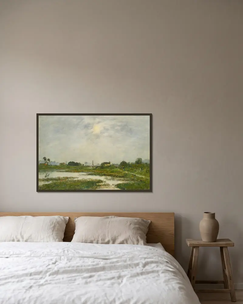 Die Ufer der Touques bei Springflut von Eugène Boudin gerahmt an einer Wand