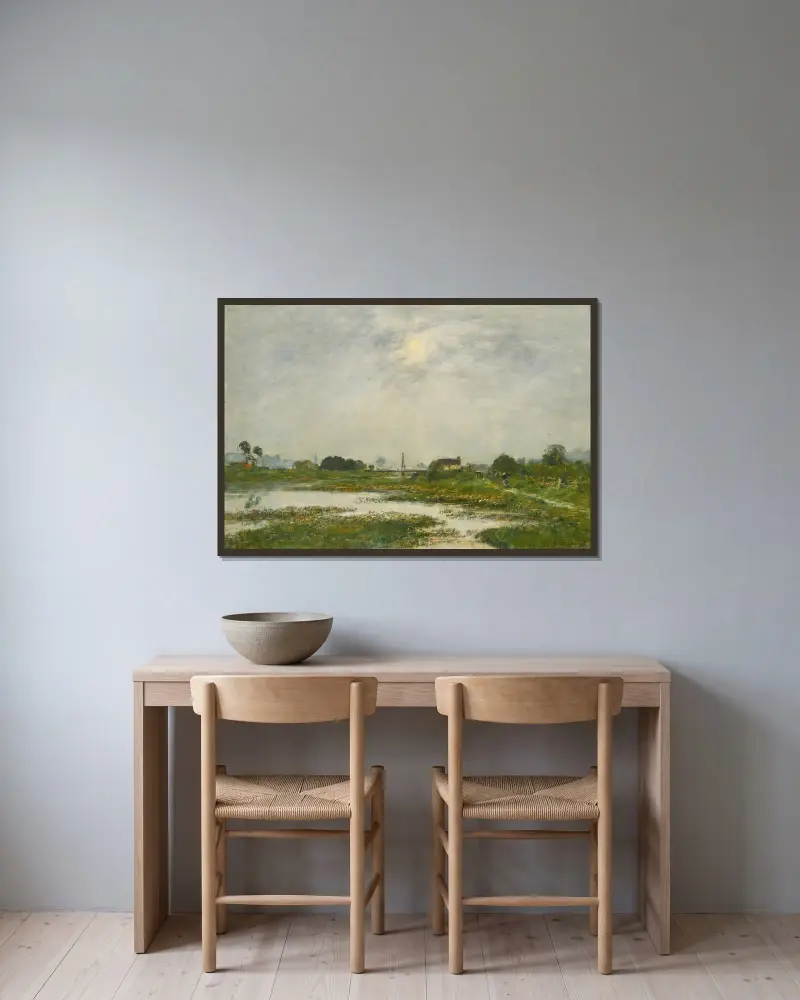 Die Ufer der Touques bei Springflut von Eugène Boudin gerahmt an einer Wand