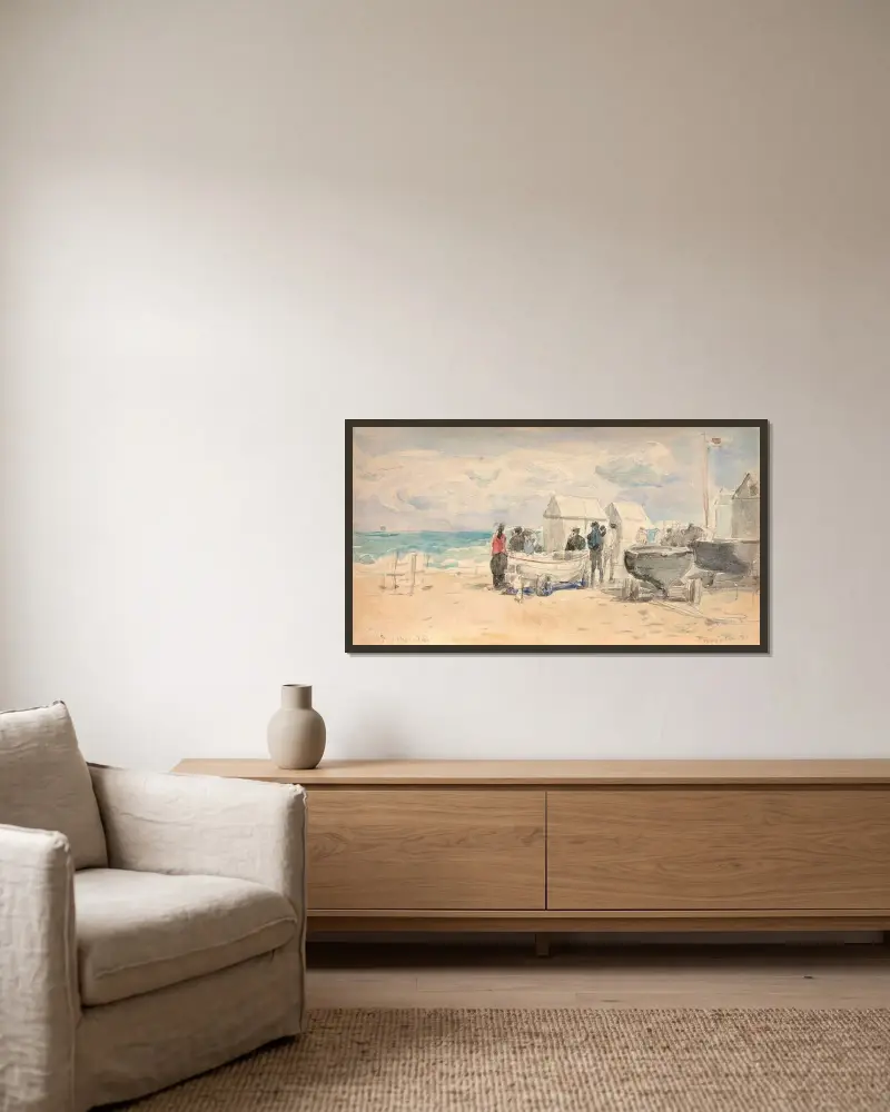 Båtar på stranden i Trouville av Eugène Boudin inramad på en vägg