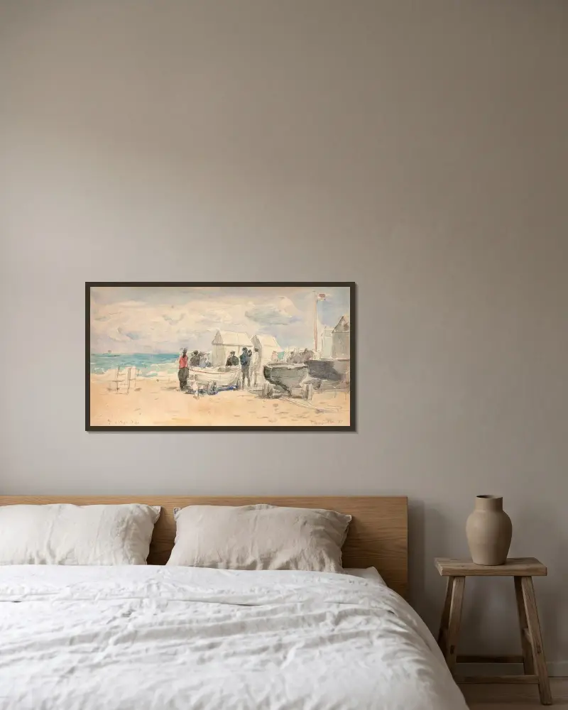 Båtar på stranden i Trouville av Eugène Boudin inramad på en vägg