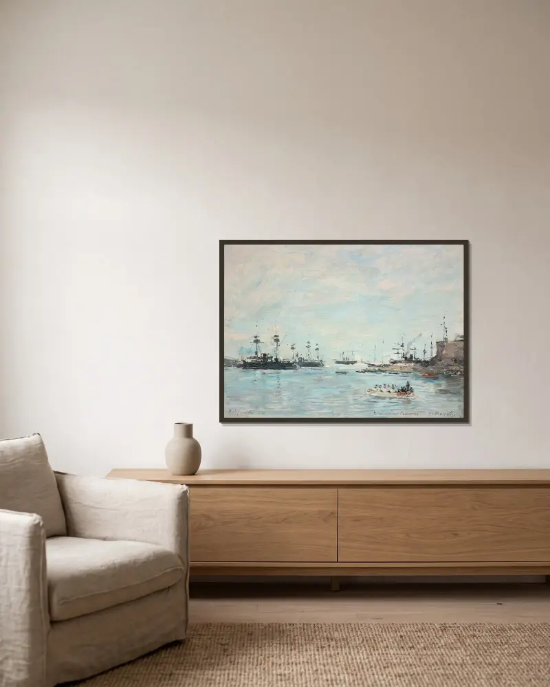 Eskadern framför Villefranche av Eugène Boudin inramad på en vägg