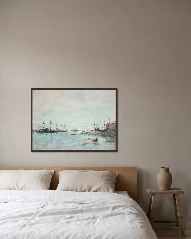 Eskadern framför Villefranche av Eugène Boudin inramad på en vägg