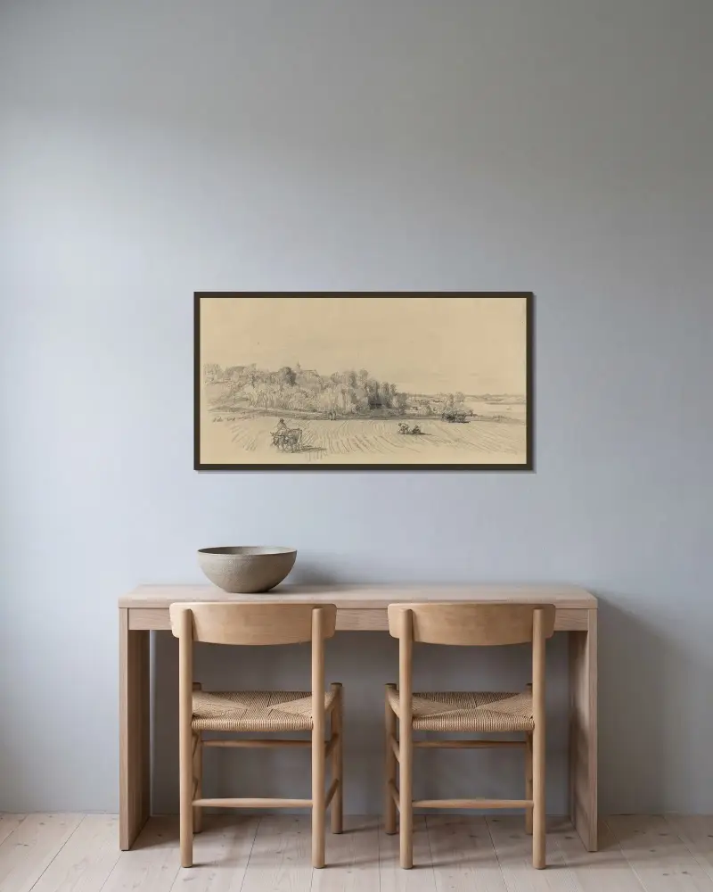 Ön Île aux Moines med arbetare på ett fält av Eugène Boudin inramad på en vägg