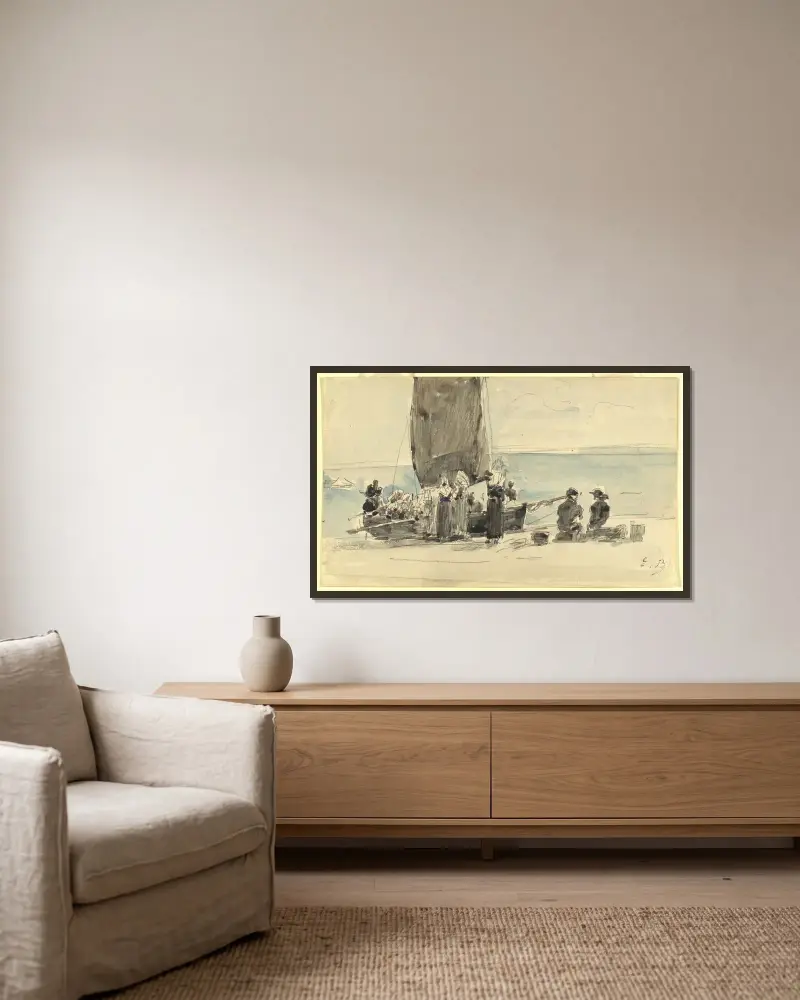 Lastning av båtarna av Eugène Boudin inramad på en vägg