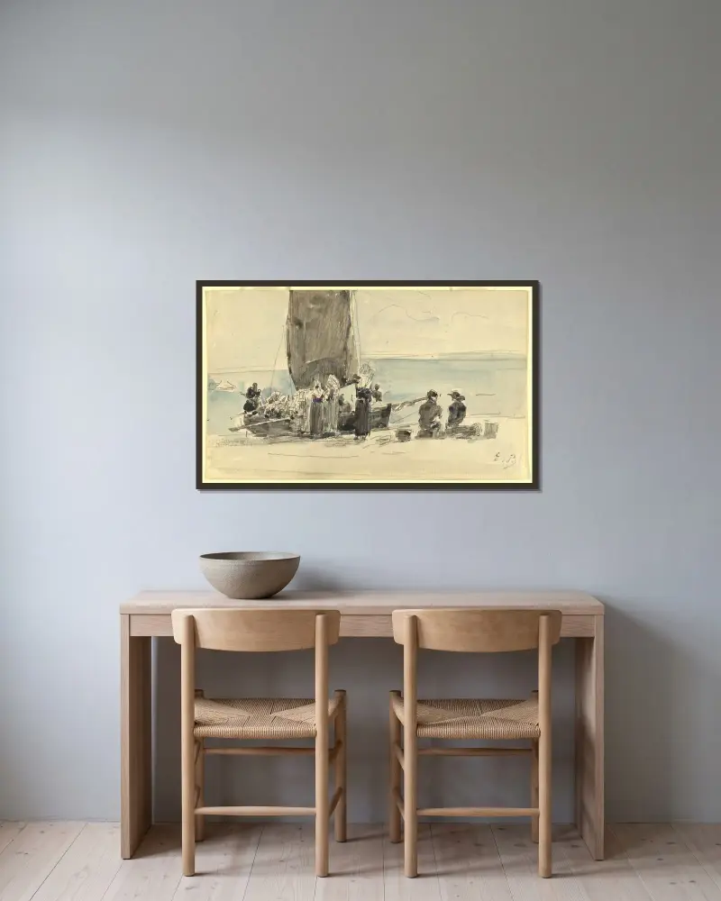 Lastning av båtarna av Eugène Boudin inramad på en vägg