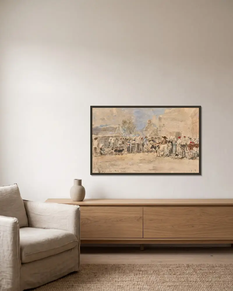 Boskapmarknad i Daoulas (Finistère) av Eugène Boudin inramad på en vägg