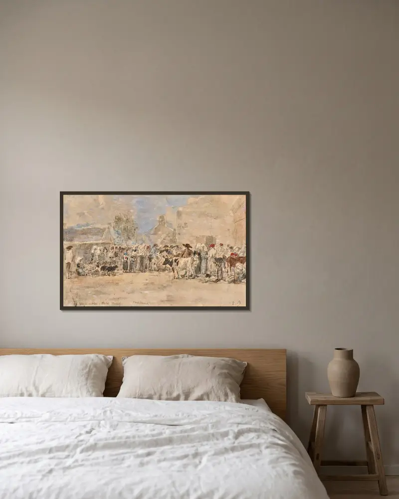 Boskapmarknad i Daoulas (Finistère) av Eugène Boudin inramad på en vägg