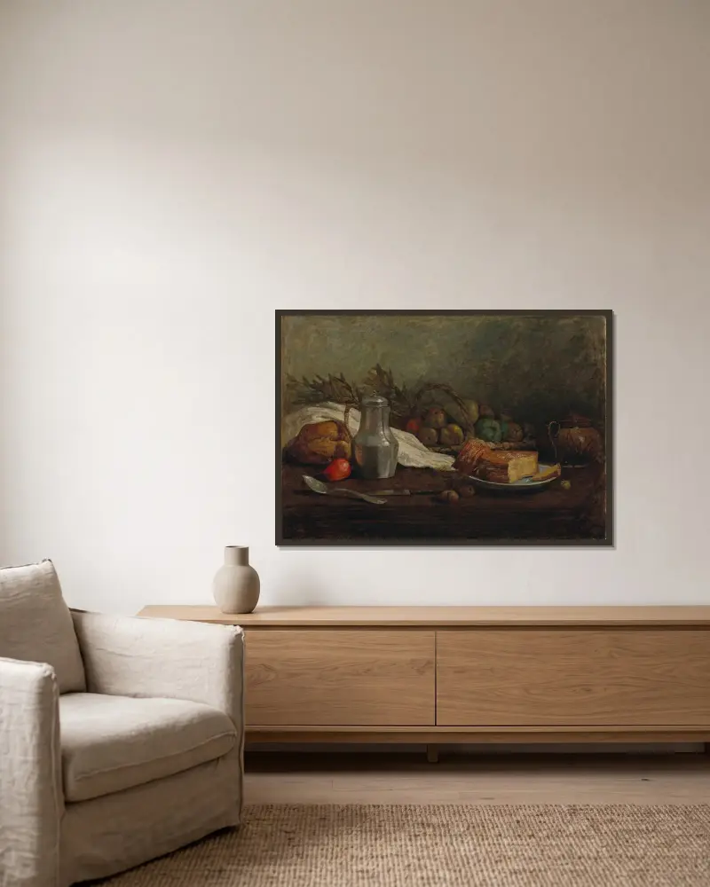 Stilleben med tennkanna av Eugène Boudin inramad på en vägg