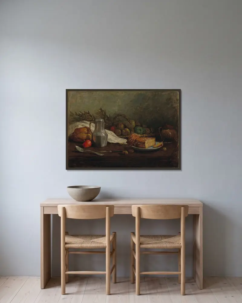 Stilleben med tennkanna av Eugène Boudin inramad på en vägg
