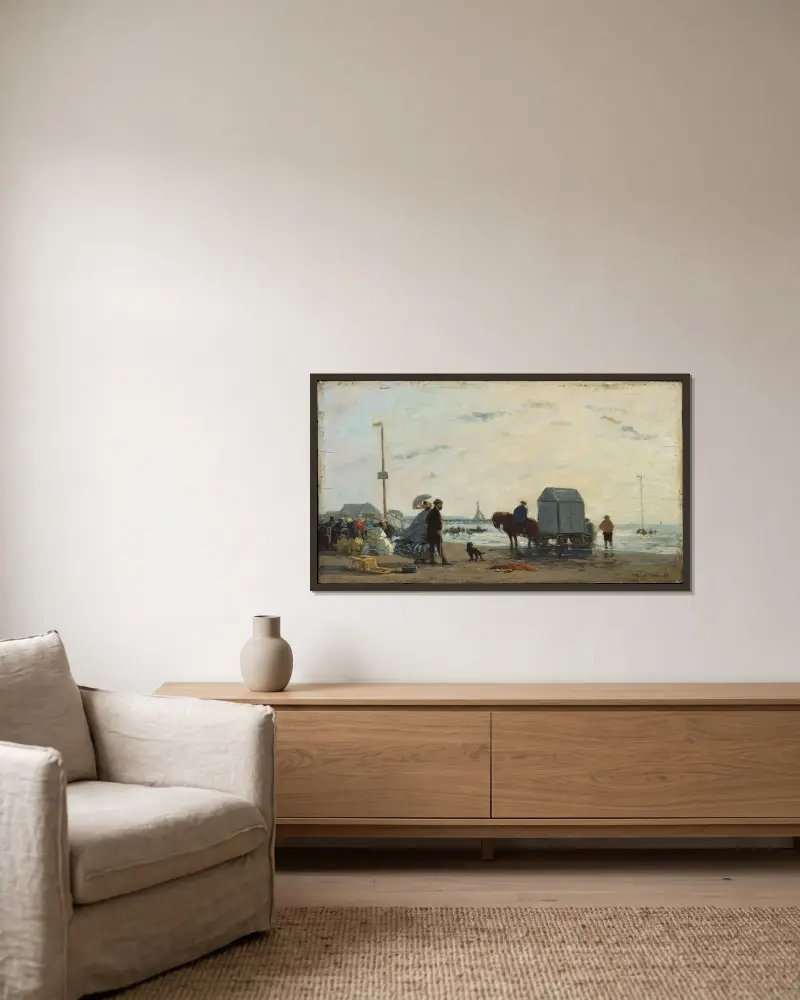 På stranden i Trouville av Eugène Boudin inramad på en vägg