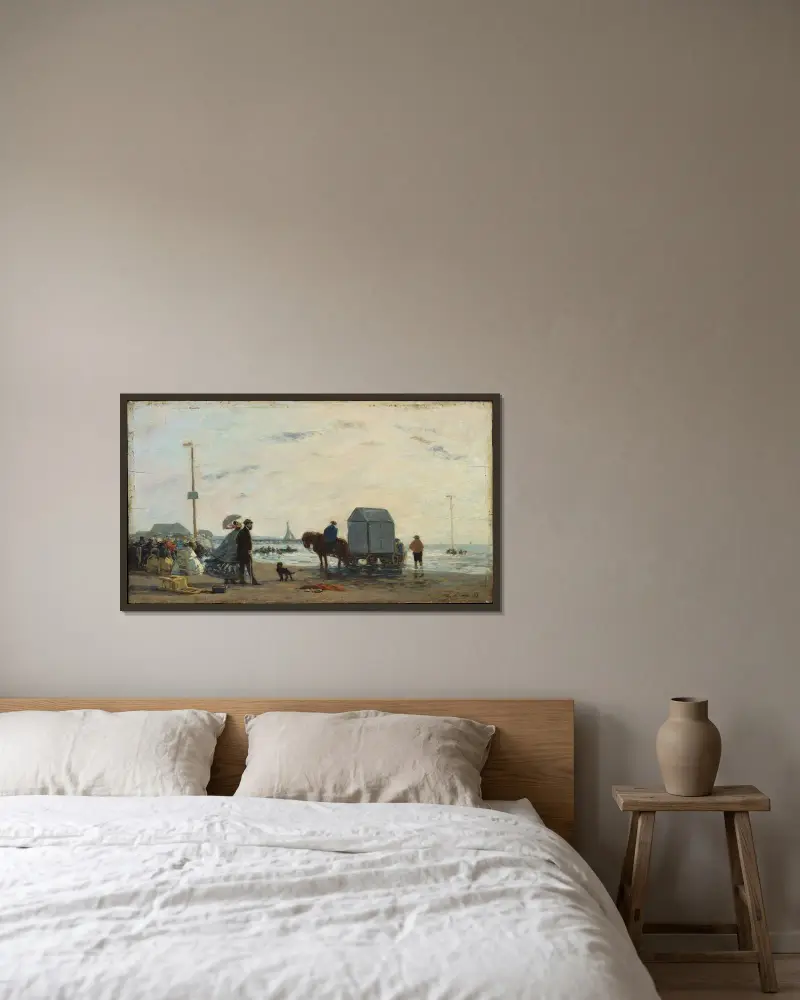 På stranden i Trouville av Eugène Boudin inramad på en vägg