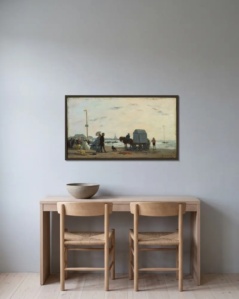 På stranden i Trouville av Eugène Boudin inramad på en vägg