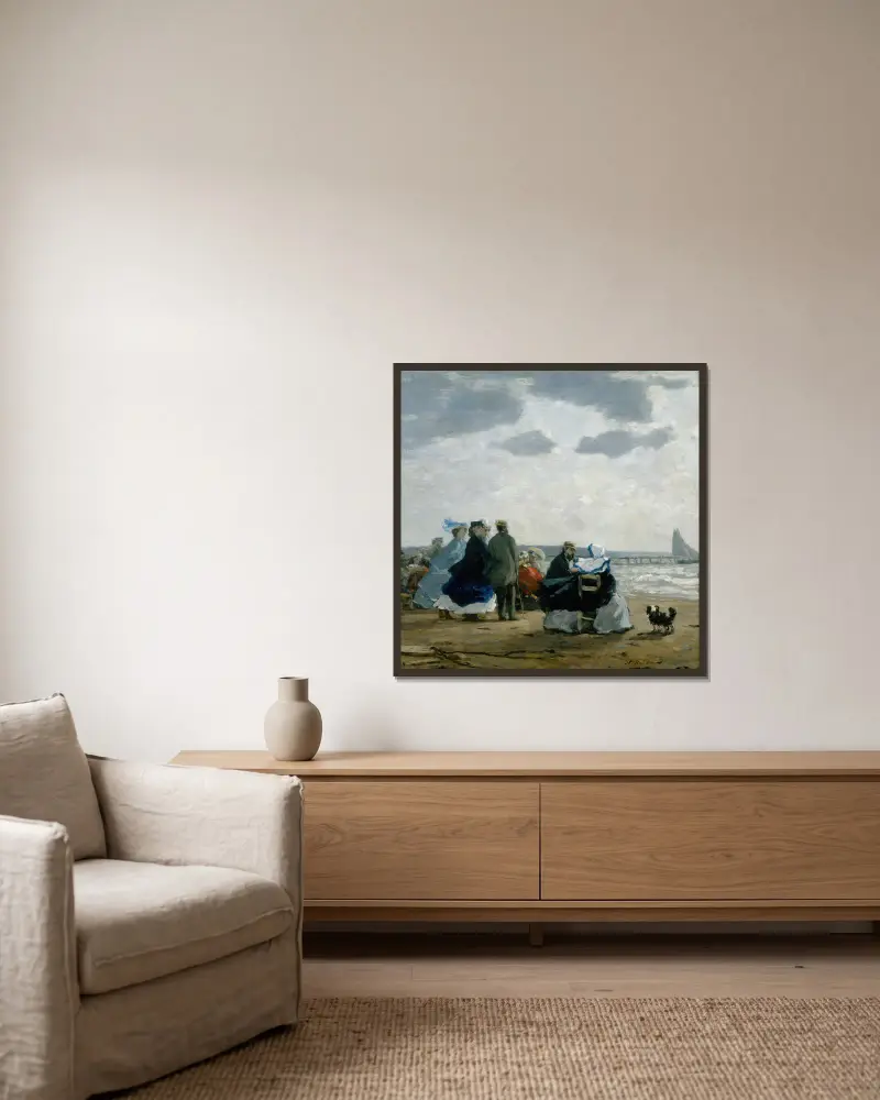 Am Strand von Dieppe von Eugène Boudin gerahmt an einer Wand