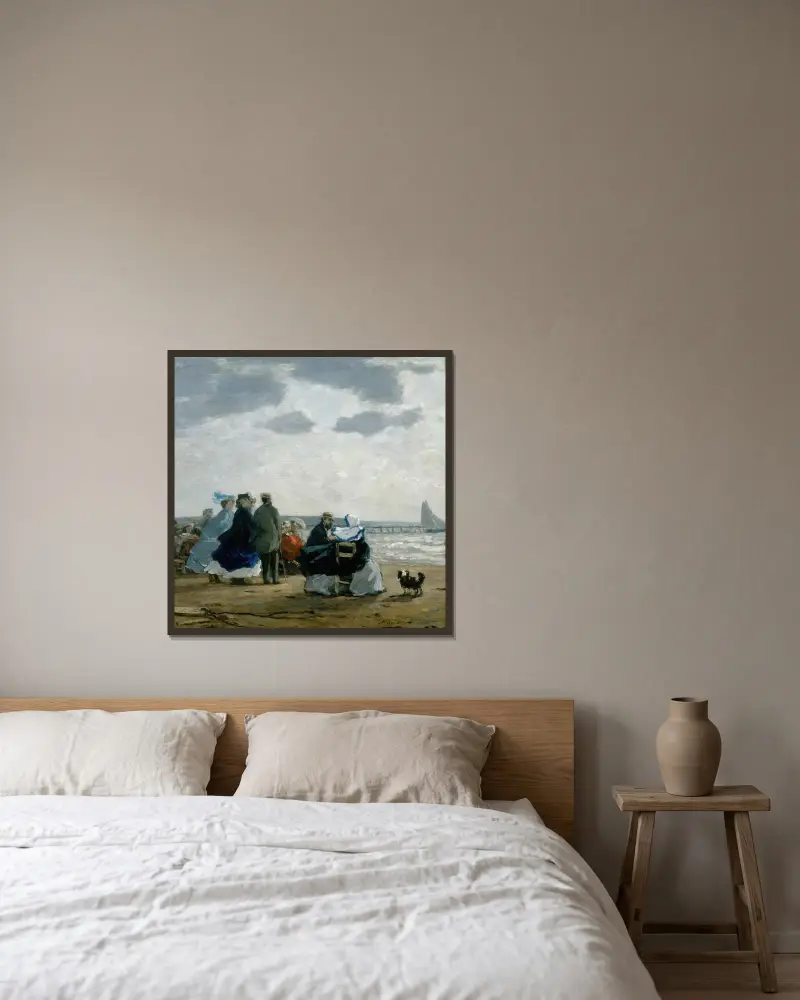 Am Strand von Dieppe von Eugène Boudin gerahmt an einer Wand