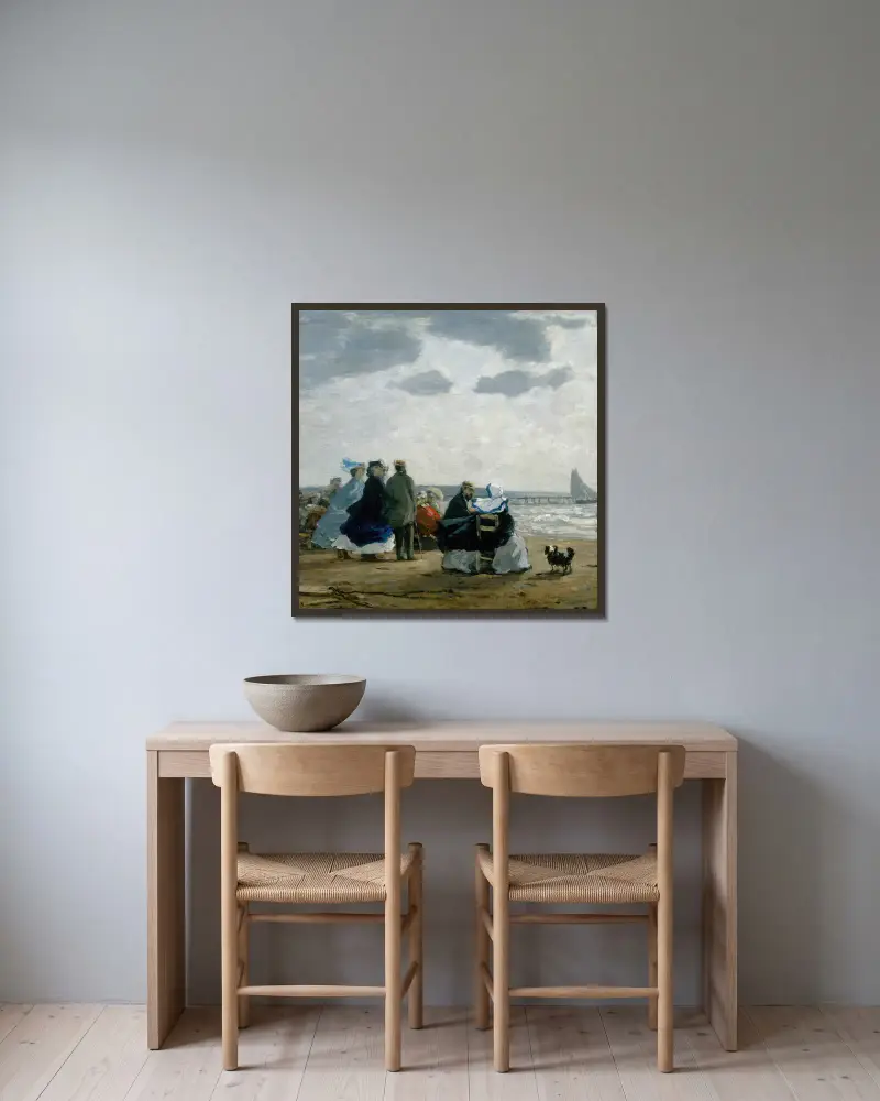 Am Strand von Dieppe von Eugène Boudin gerahmt an einer Wand