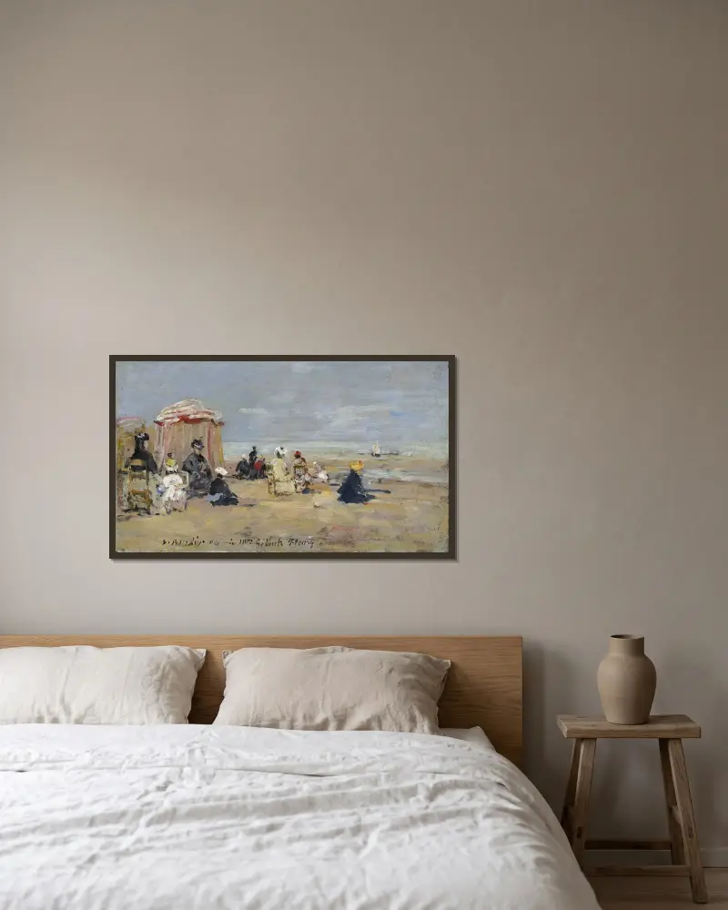 På stranden av Eugène Boudin inramad på en vägg
