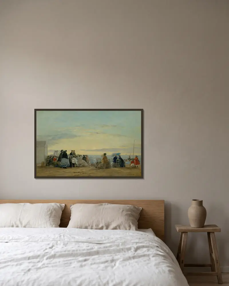 På stranden, solnedgång av Eugène Boudin inramad på en vägg