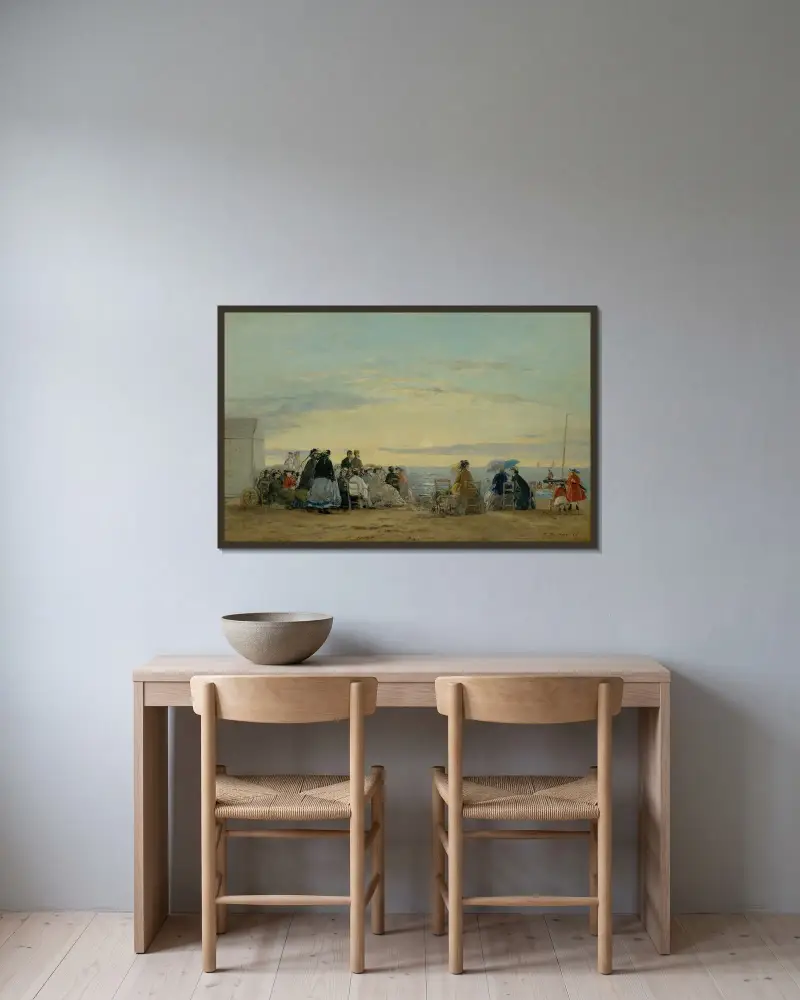 På stranden, solnedgång av Eugène Boudin inramad på en vägg