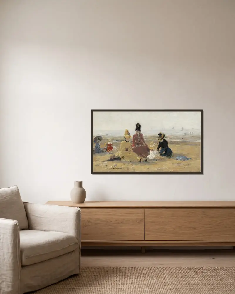 På stranden, Trouville av Eugène Boudin inramad på en vägg