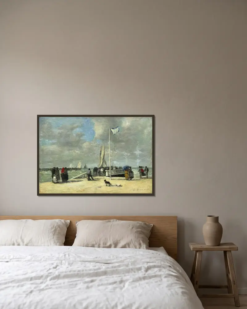 På bryggan av Eugène Boudin inramad på en vägg