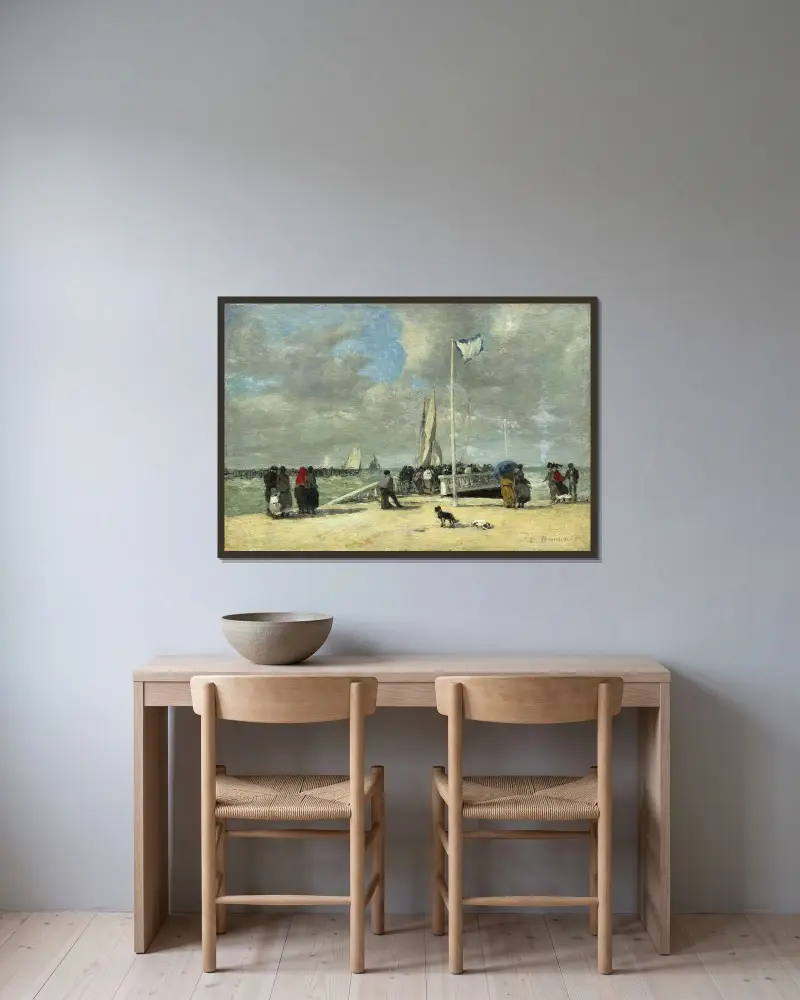 På bryggan av Eugène Boudin inramad på en vägg