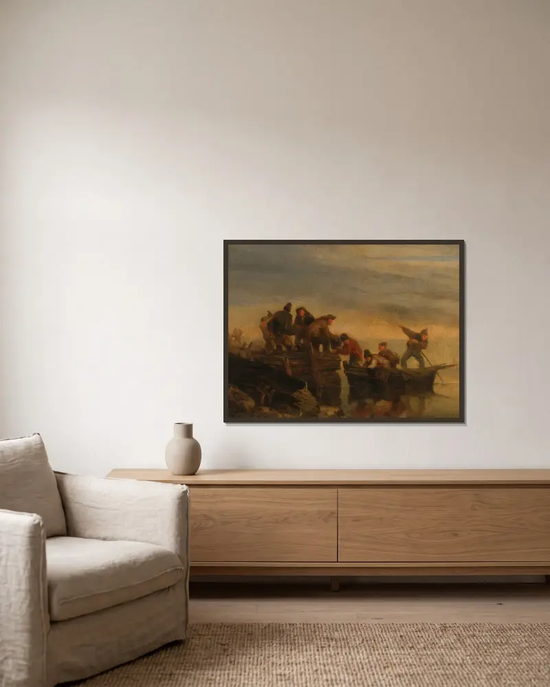 Pêcheurs Au Bord De L’eau av Eugène Boudin inramad på en vägg