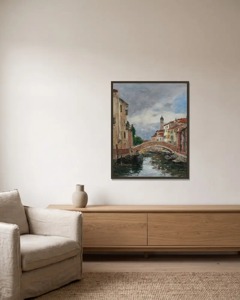 Liten kanal i Venedig av Eugène Boudin inramad på en vägg