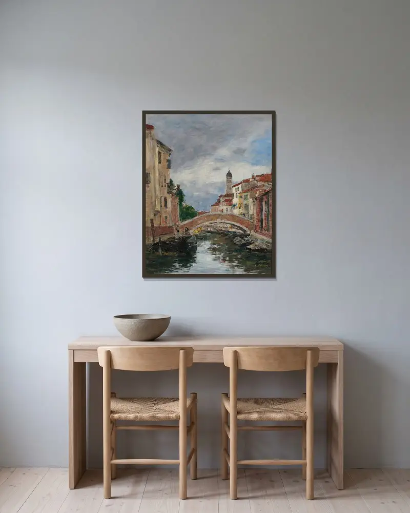 Liten kanal i Venedig av Eugène Boudin inramad på en vägg