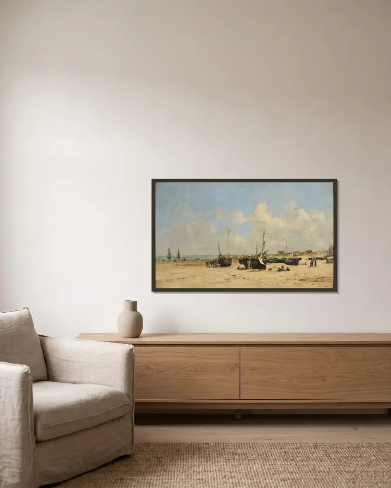 Berck strand vid lågvatten av Eugène Boudin inramad på en vägg