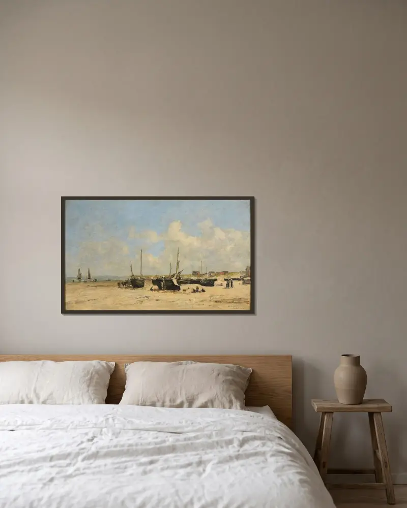 Berck strand vid lågvatten av Eugène Boudin inramad på en vägg