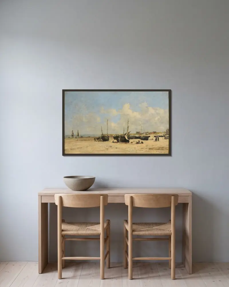 Berck strand vid lågvatten av Eugène Boudin inramad på en vägg