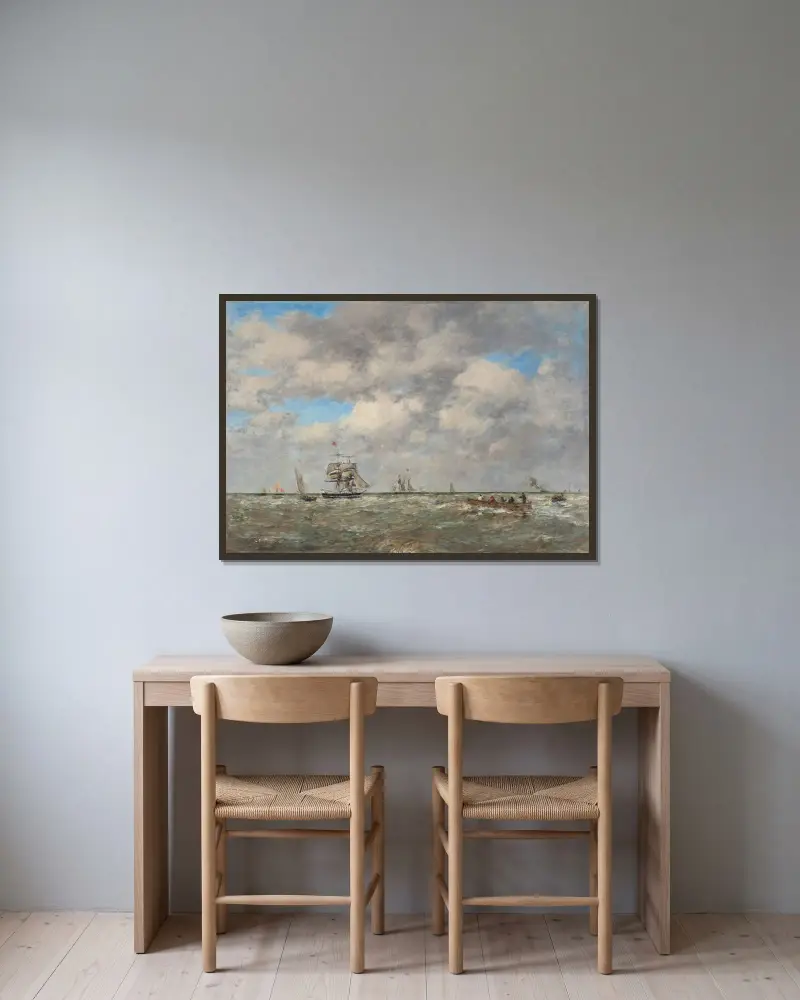Öppet hav, skaldjursfiskare av Eugène Boudin inramad på en vägg