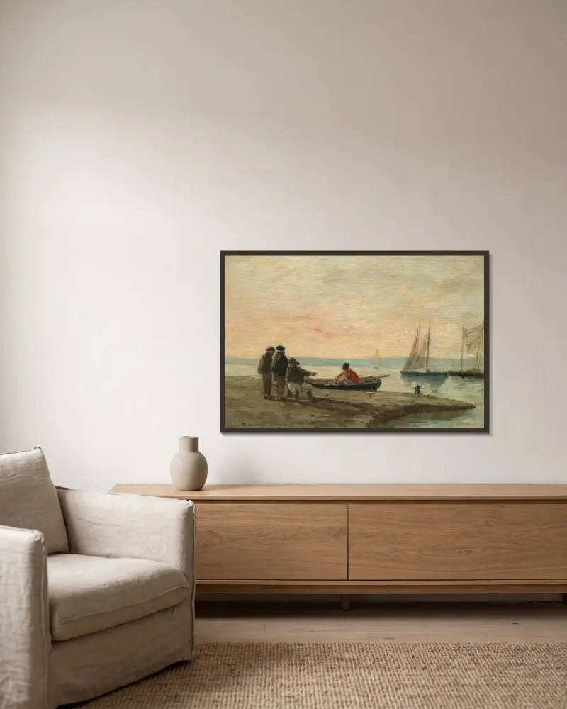 Hamn i närheten av Honfleur av Eugène Boudin inramad på en vägg