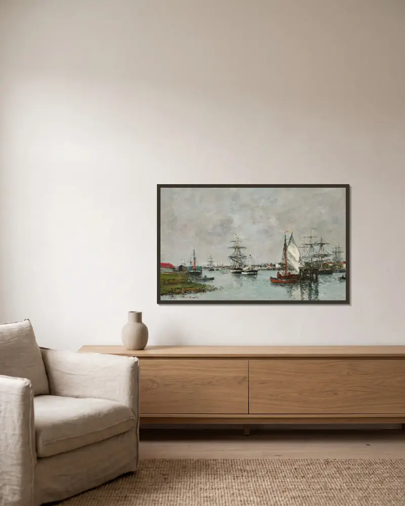 Antwerpens hamn av Eugène Boudin inramad på en vägg