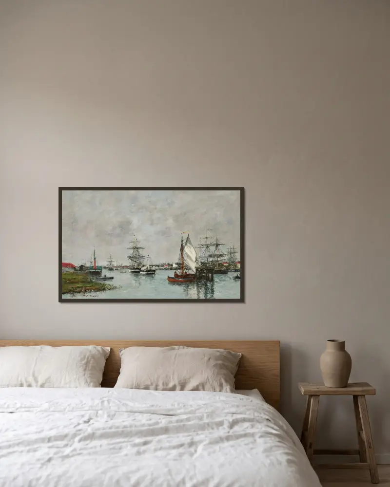 Antwerpens hamn av Eugène Boudin inramad på en vägg