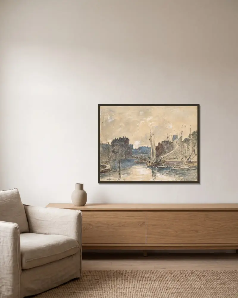 Rotterdams hamn av Eugène Boudin inramad på en vägg
