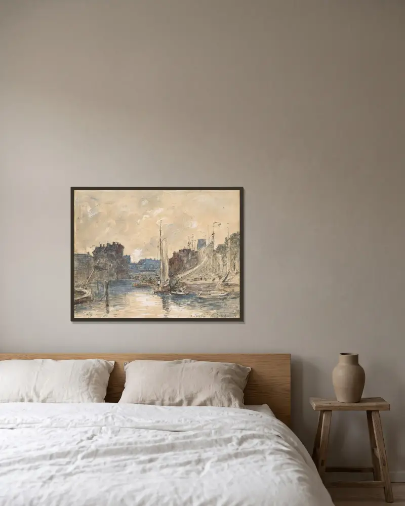Rotterdams hamn av Eugène Boudin inramad på en vägg